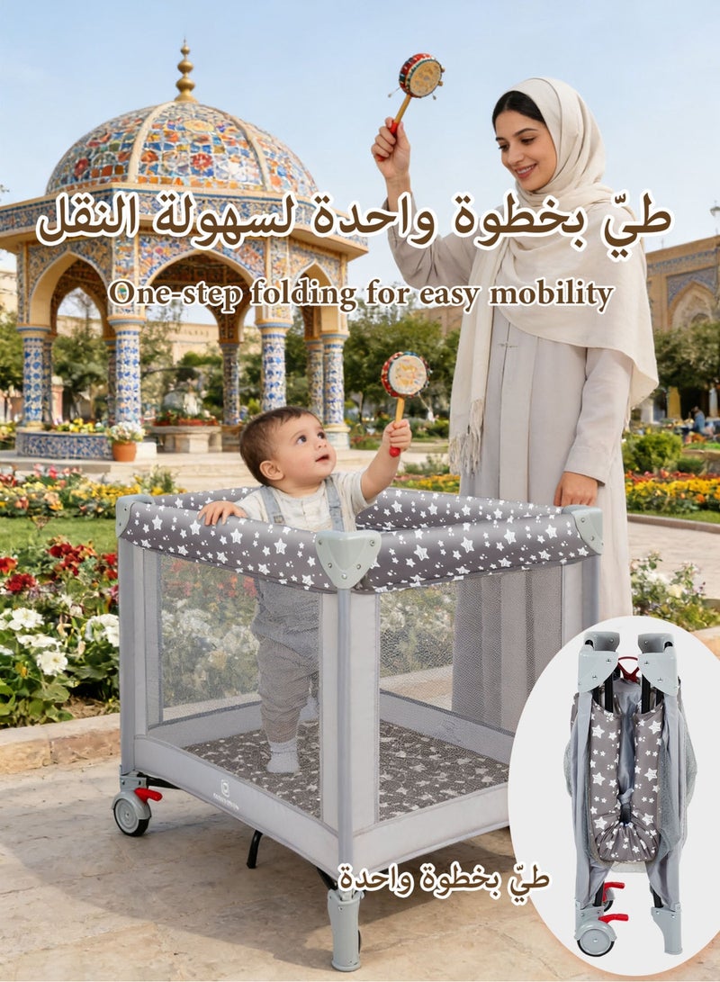 الأم مطمئنة، والطفل سعيد. سرير أطفال بآلية طي بخطوة واحدة، سرير رضّع محمول، سرير سفر سهل الطي للأطفال - Image 2